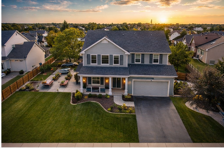 Drone photo showing property and surrounding neighborhood