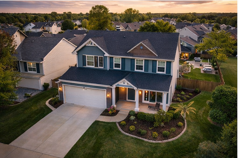 Aerial image of a property from a cinematic elevated angle